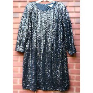 COLDWATER CREEK STRETCH BLACK SEQUIN LNG SLVE DRESS COCKTAIL MIDI  Sz 24 NWOT